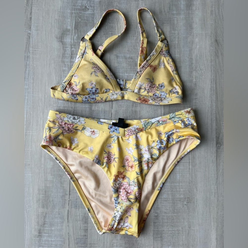 LA HEARTS Yellow Floral Bikini Set Top w/Removable Pads & High Cut Bottoms XS